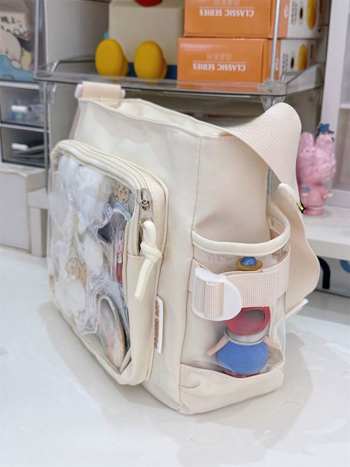 Japanese Style Preppy Crossbody Bags Women Purses And Handbags DIY Shoulder Bag With Badges Display Plate Back To School Gifts Anime Fans Concert Pins Bag Kawaii Small Ita Bag Girls Pure Color With Clear Transparent Pocket 10CM Dolls Ita Bag