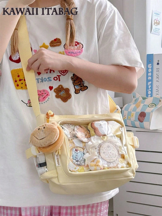 Japanese Style Preppy Crossbody Bags Women Purses And Handbags DIY Shoulder Bag With Badges Display Plate Back To School Gifts Anime Fans Concert Pins Bag Kawaii Small Ita Bag Girls Pure Color With Clear Transparent Pocket 10CM Dolls Ita Bag