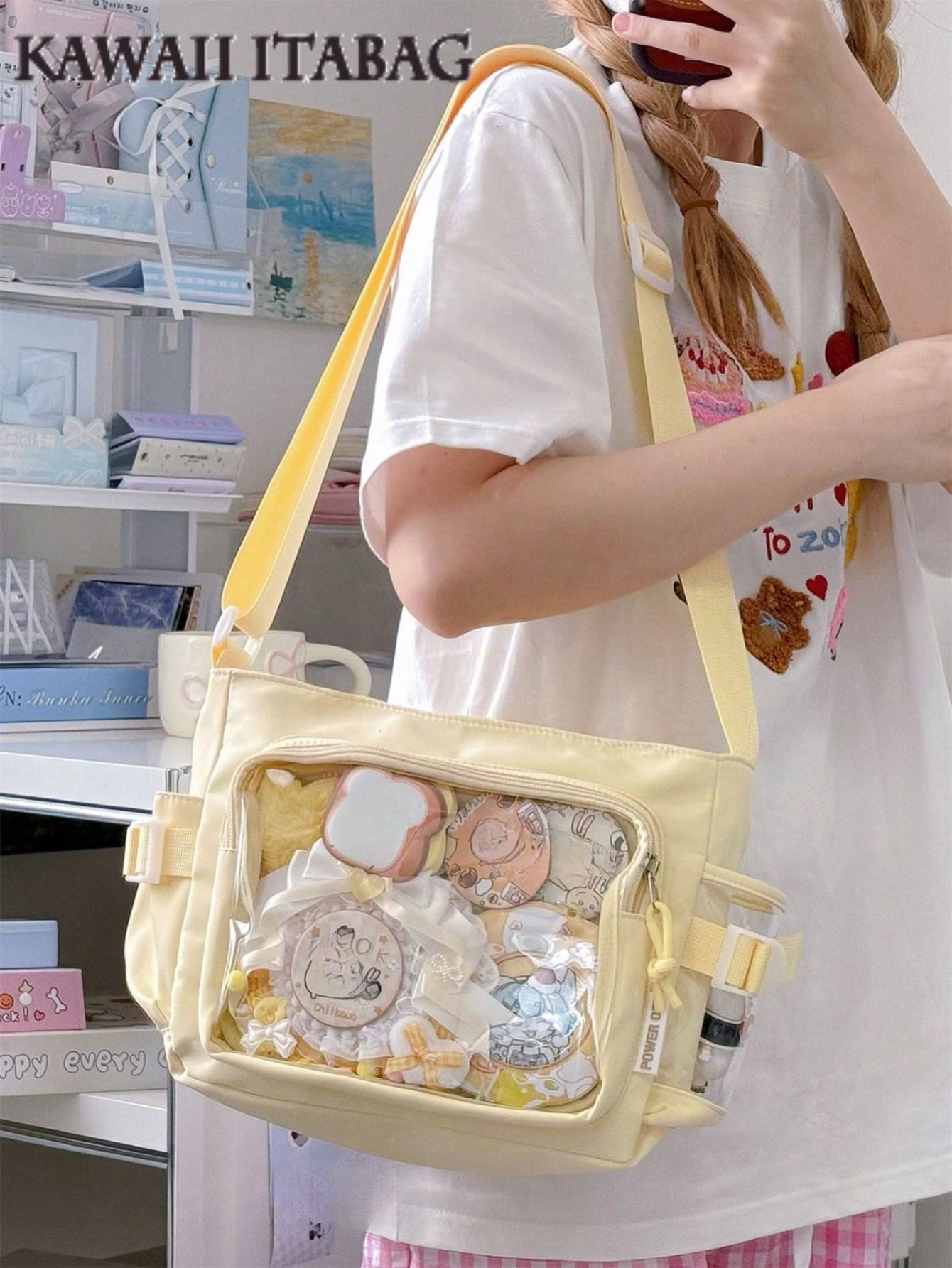 Japanese Style Preppy Crossbody Bags Women Purses And Handbags DIY Shoulder Bag With Badges Display Plate Back To School Gifts Anime Fans Concert Pins Bag Kawaii Small Bag Girls Solid Color With Clear Transparent Pocket 10CM Dolls Bag