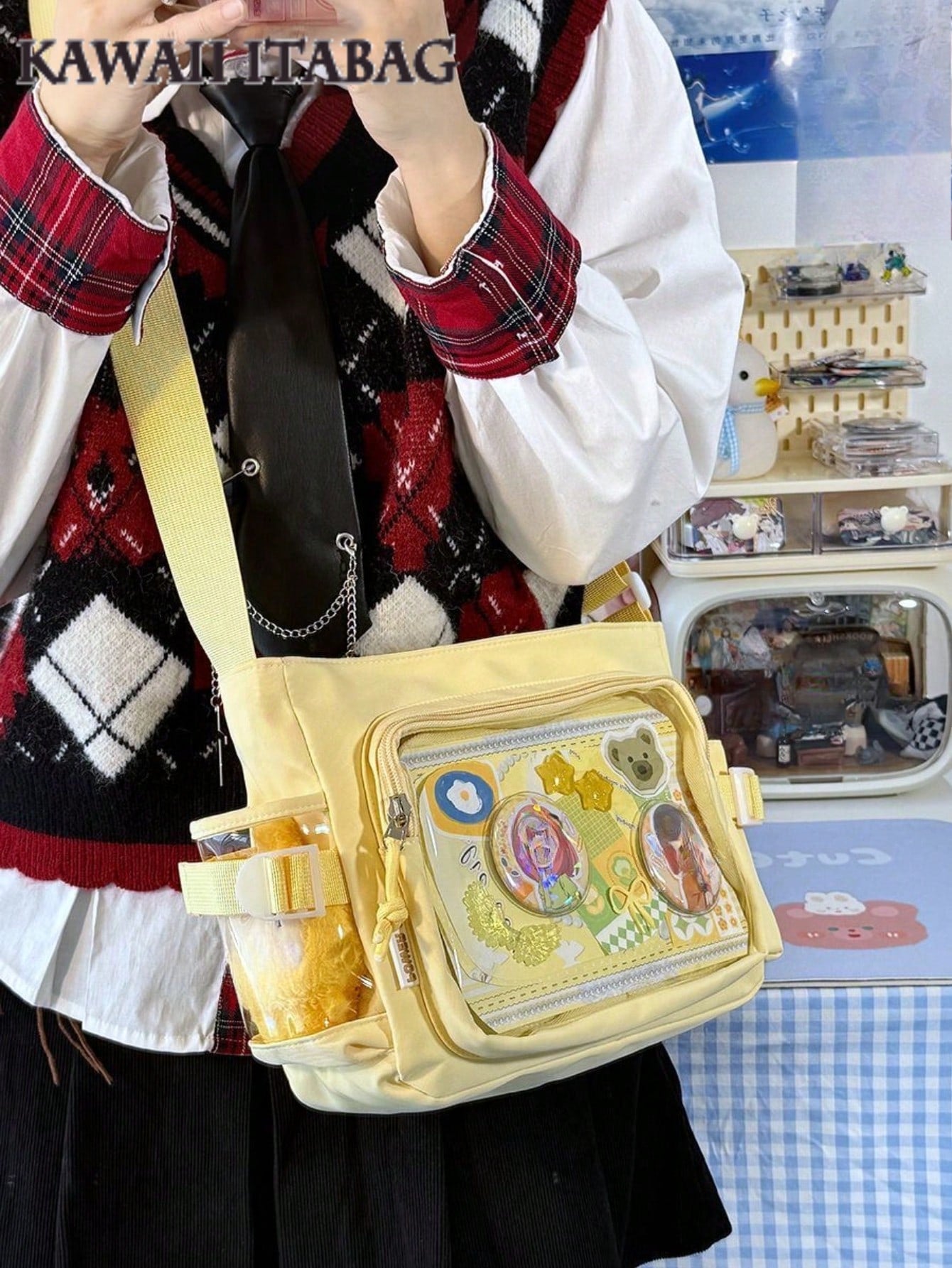 Japanese Style Preppy Crossbody Bags Women Purses And Handbags DIY Shoulder Bag With Badges Display Plate Back To School Gifts Anime Fans Concert Pins Bag Kawaii Small Ita Bag Girls Pure Color With Clear Transparent Pocket 10CM Dolls Ita Bag