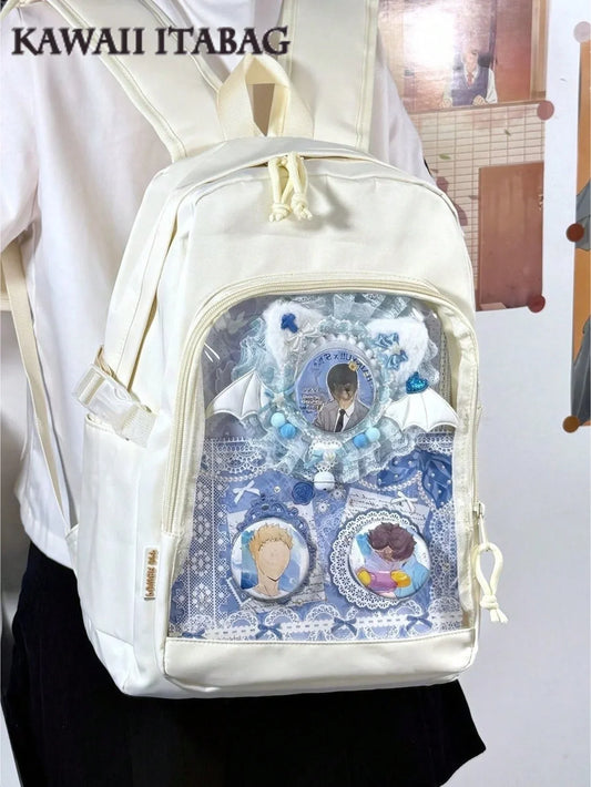 Kawaii Ita Backpack Simple Solid Color Clear Transparent Bag Women Large-Capacity School Book Bag With Badges Display Plate Nylon Bag Kawaii Ita Bag DIY Bag For 20cm Dolls New 2025 Back To School Gifts Backpack For Teen Girls - Ita Bag Lover
