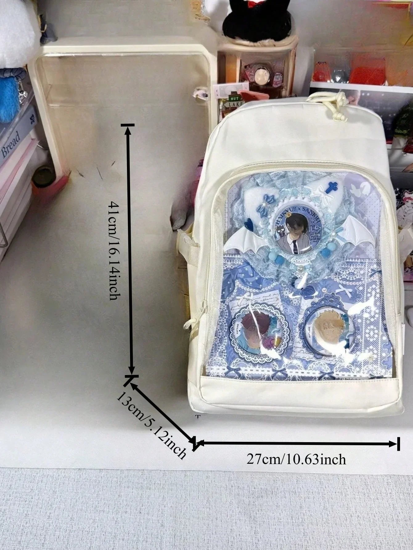 large ita backpack ivory front back side detail mesh window hidden zip pocket padded straps