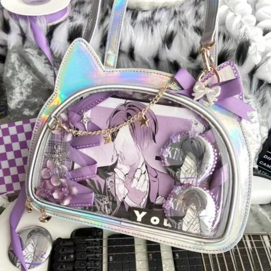 Holographic silver cat ita bag with purple anime display