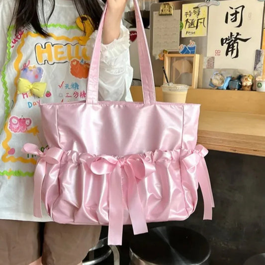 Lolita Glossy Surface Ita Bag Ribbon Bows Big Shoulder Handbags With Display Plate - Ita Bag Lover