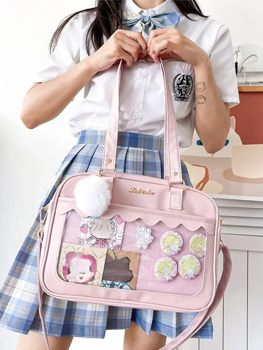 Large Itabag Clear Window Tote Bag PU Leather Crossbody Shoulder Bag for JK Uniform & Anime Fans - Ita Bag Lover