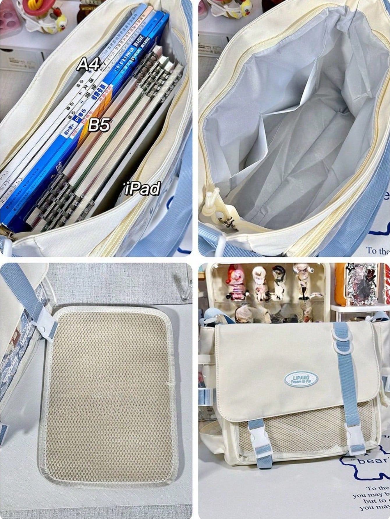 Multi-Pocket Ita Bag College Student Shoulder Bag with Display Window & 10cm Doll Ita Bag Crossbody Bags Women School Girls Book Bag Stachels Handbags