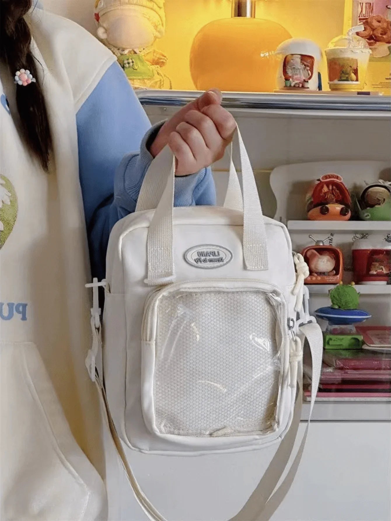 mini ita handbag ivory crossbody adjustable strap mesh display plate clear window front