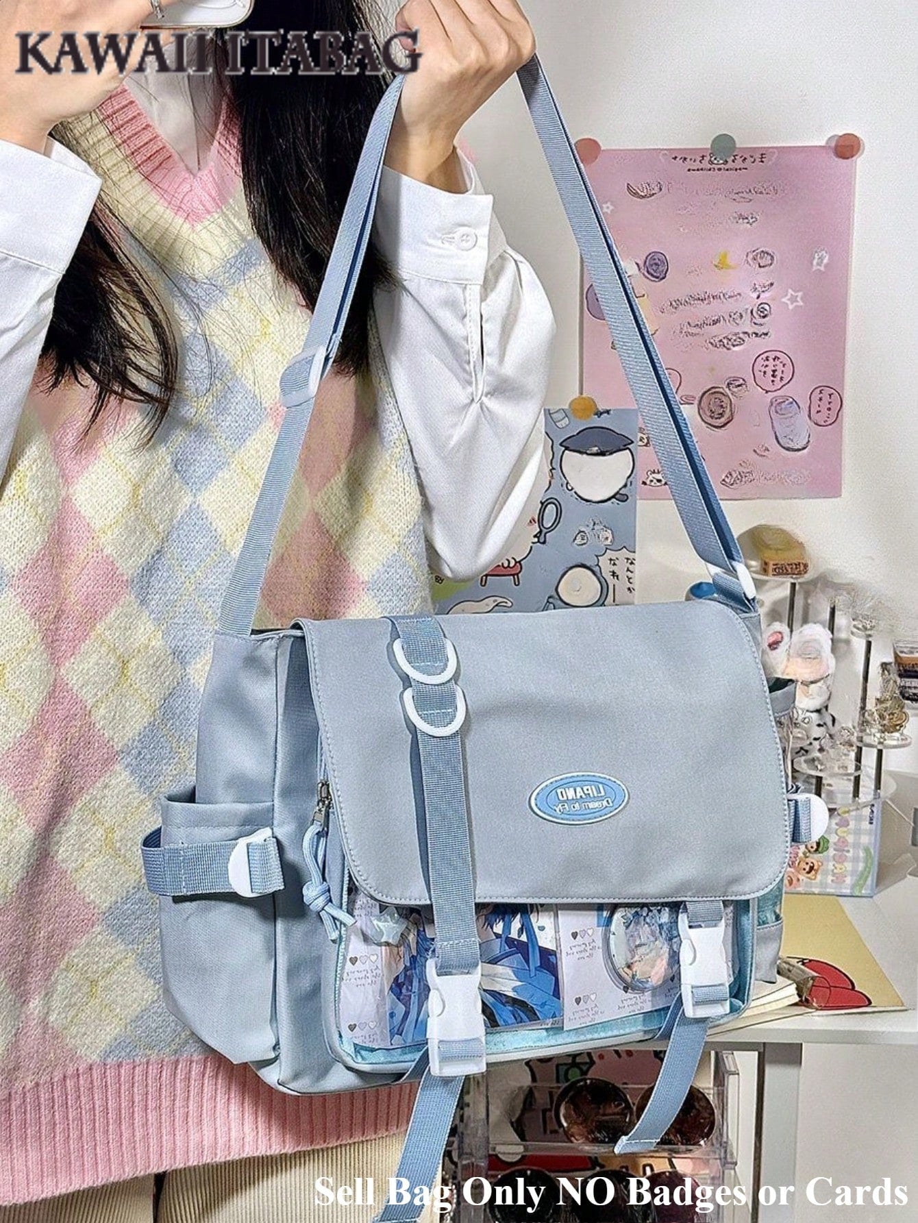 Multi-Pocket Ita Bag College Student Shoulder Bag with Display Window & 10cm Doll Ita Bag Crossbody Bags Women School Girls Book Bag Stachels Handbags