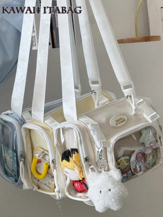 New 2025 Kawaii College Student Girls Bucket Bag 10cm Doll Side Bag Clear Transparent Bags Fashion Crossbody Bags For Women Small Purses And Handbags Shoulder Bag Girls Ita Bag JK Uniform Bag With Badges Display Plate Nylon Bags