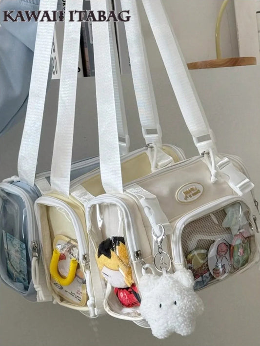New 2025 Kawaii College Student Girls Bucket Bag 10cm Doll Side Bag Clear Transparent Bags Fashion Crossbody Bags For Women Small Purses And Handbags Shoulder Bag Girls Ita Bag JK Uniform Bag With Badges Display Plate Nylon Bags - Ita Bag Lover