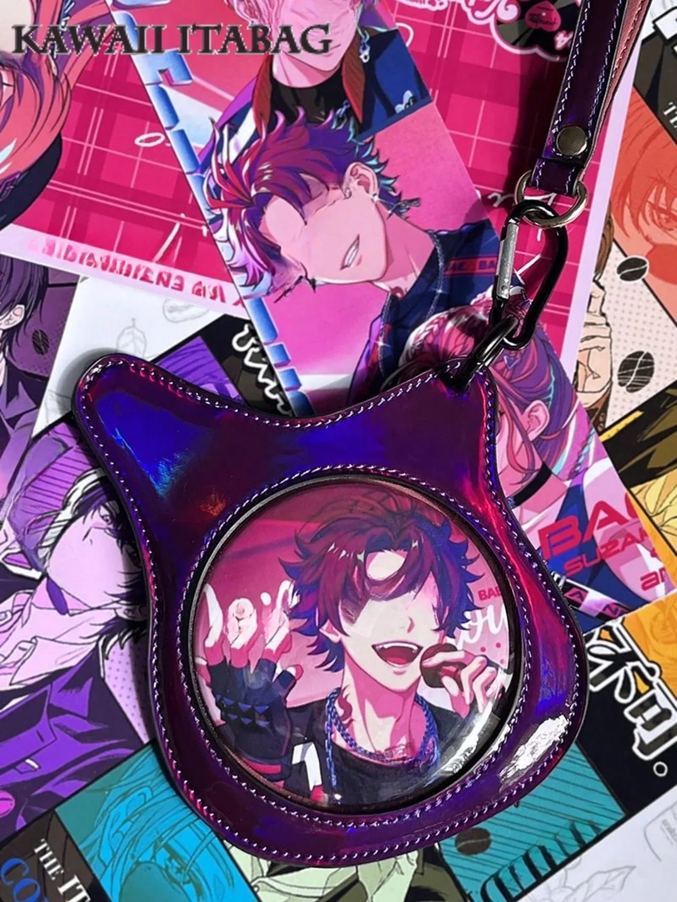 Holographic Bass Cat Ear Badge Holder Bag - 58mm/75mm Pin Display Itabag Crossbody Shoulder Purse For Anime Pins, Enamel Pins, Kawaii Accessories Bag Charm, Purse Accessory For Anime Fans, Concerts, Cosplay, Travel, Outdoor, Kawaii Style - Ita Bag Lover