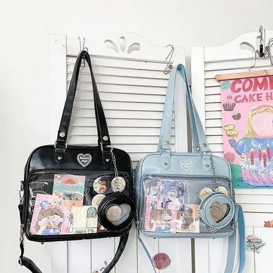 PU Leather Japanese JK Uniform Shoulder Bag Clear Transparent Windows Itabag Tote With Small Round Bag - Ita Bag Lover