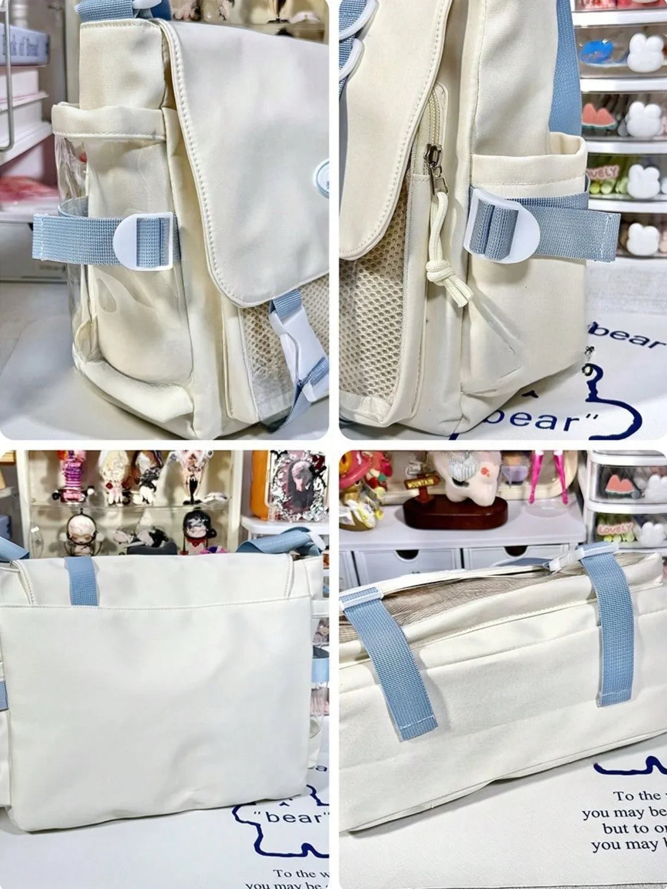 ita messenger bag ivory mesh flap side pocket buckle strap back bottom structure detail