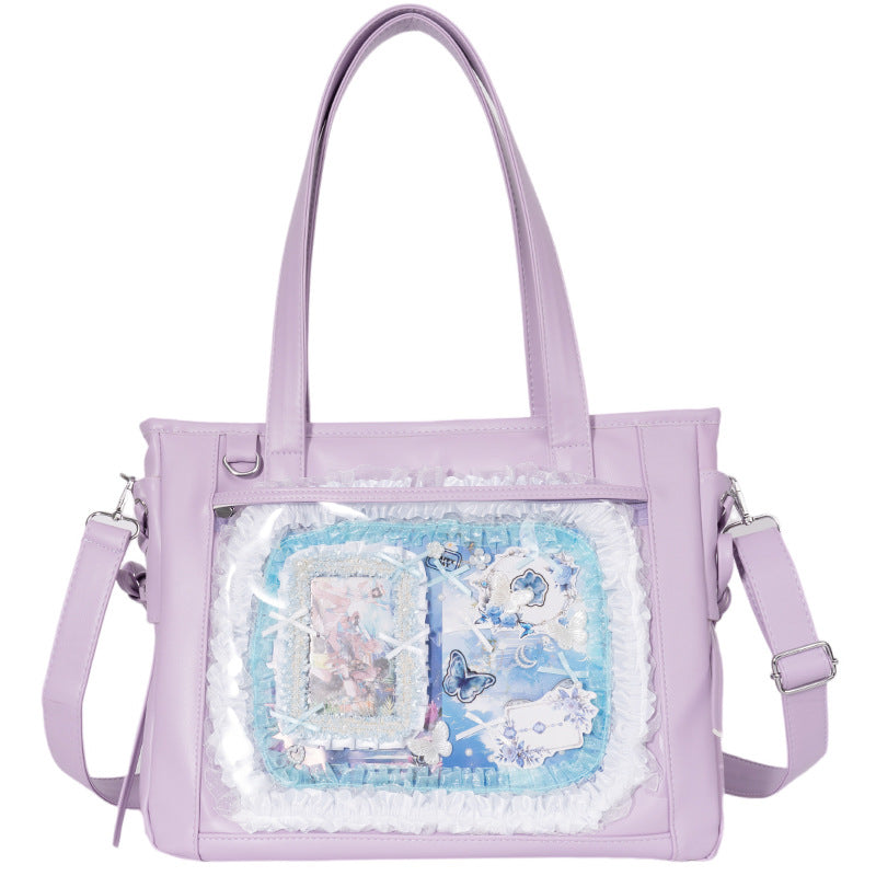 Large Lace-Up Ita Bag — PU Leather Clear Display Tote & Crossbody for Anime Pins & Photocards