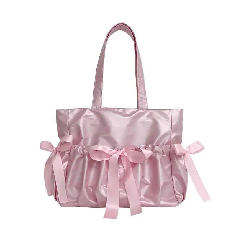 Lolita Glossy Surface Ita Bag Ribbon Bows Big Shoulder Handbags With Display Plate - Ita Bag Lover