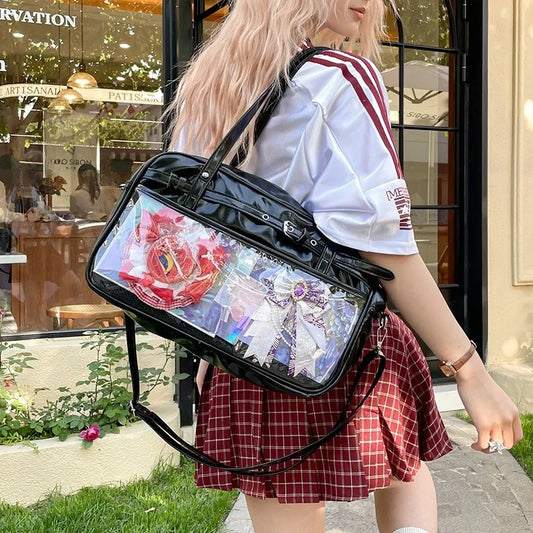 black patent leather large ita bag tote full width clear window loaded with anime merch