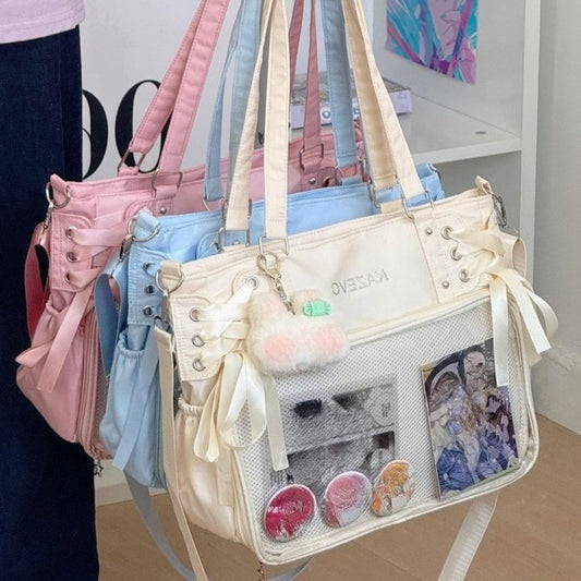Japanese Lolita Kawaii Itabag Girls Ribbon Bow Bandage Tote Handbags Clear Transparent Crossbody Bag