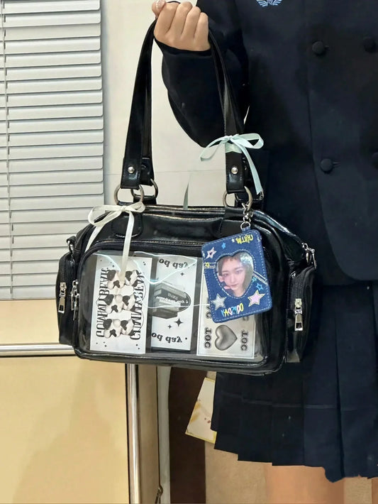 Ita Bag Shoulder Tote with Clear Display Window for Enamel Pins and Plushies - Shiny PU Leather - Ita Bag Lover