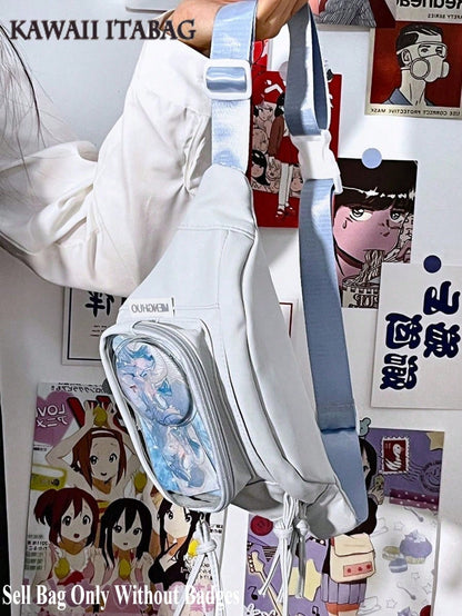 Preppy Style Chest Bag Women Kawaii Japanese Harajuku Waist Bag Nylon Crossbody Bags Clear Transparent Bag Sling Bag Purses And Handbags With Badges Display Plate Anime Fans Pack New Back Pack Fashion Cross Body DIY Bag New Chest Bag Women