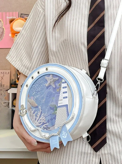 Round Ita Bag — Clear Window Circle Crossbody with Anchor Detail for Anime Pins & Photocards