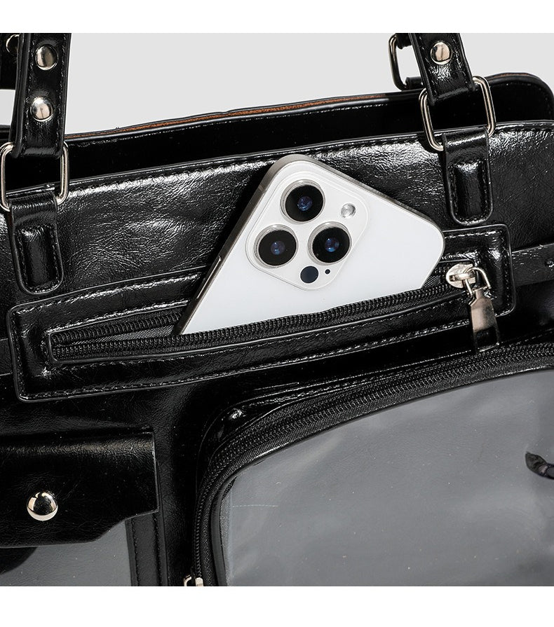 vintage ita bag back exterior zip pocket fitting iPhone showing quick access pocket detail