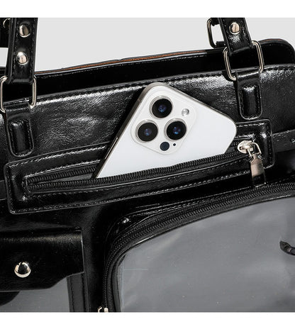 vintage ita bag back exterior zip pocket fitting iPhone showing quick access pocket detail