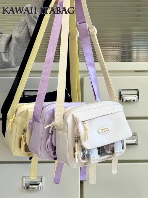Compact Crossbody Ita Bag with Transparent Display Window and Adjustable Buckle Straps
