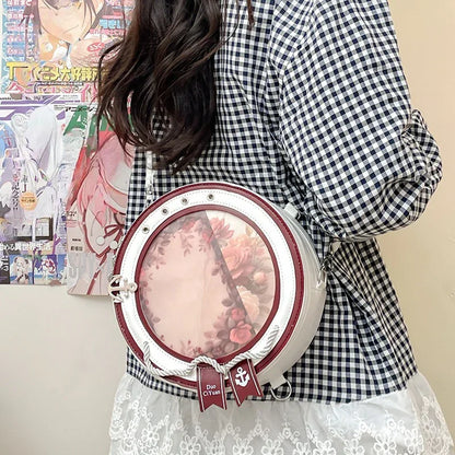 round ita bag white burgundy inner frame clear circular display window crossbody anime merch style