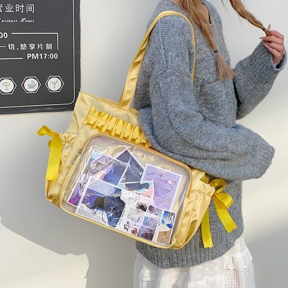 Lolita Satin Ita Bag Tote — Ruffle Bow Clear Window Bag for Photocards, Anime Pins & K-pop Merch