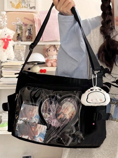 College Student Preppy Style Nylon Crossbody Bags Women With Badges Display Plate Large-capacity Shoulder Bag Back to School Gift School Bags For Teenage Girls Kawaii Itabag Clear Transparent DIY Ita Bag For Dolls Bolso Mujer