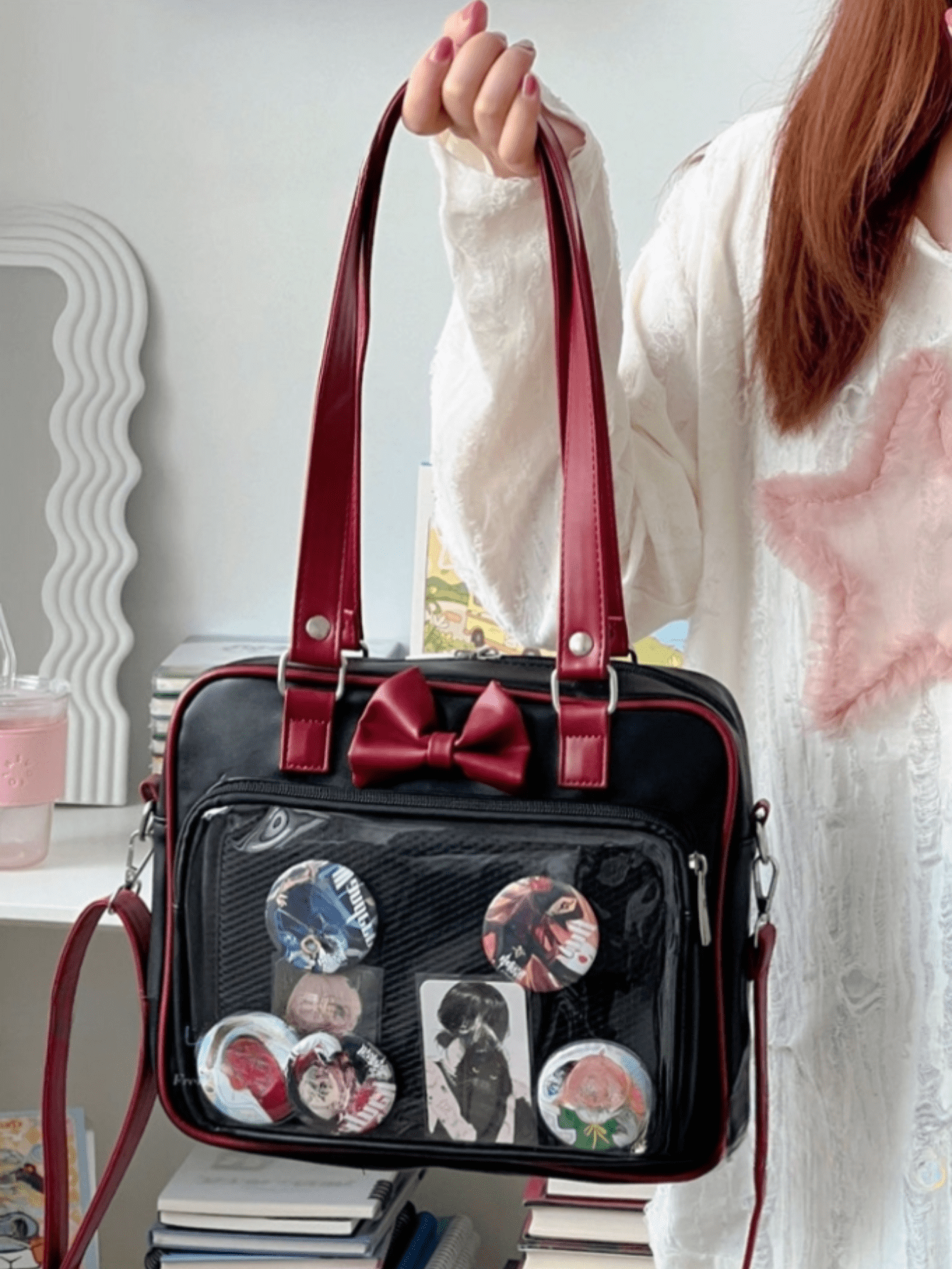 PU Leather Patchwork Color Bow-Knot Shoulder Bag Transparent Itabag
