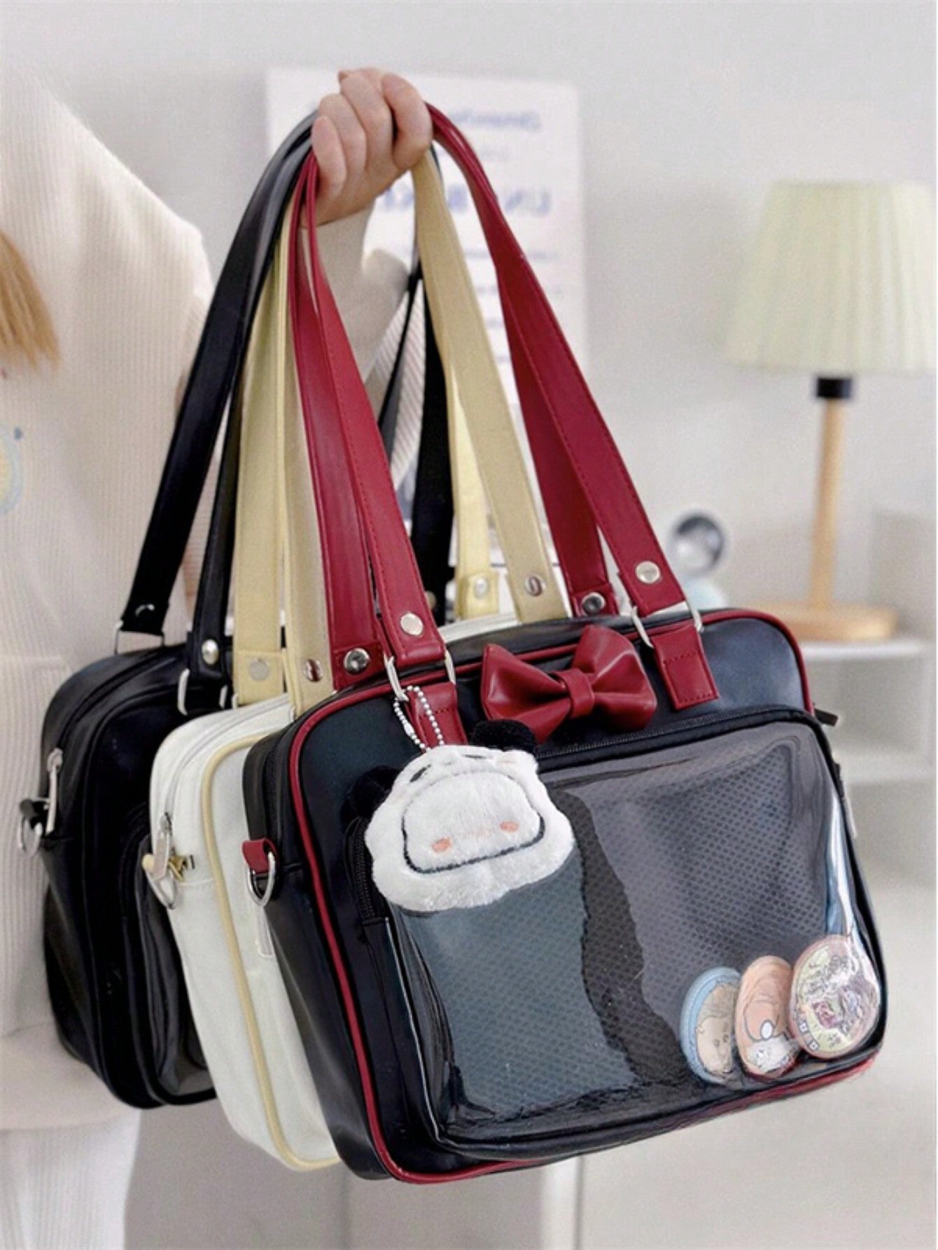 PU Leather Patchwork Color Bow-Knot Shoulder Bag Transparent Itabag