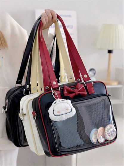 PU Leather Patchwork Color Bow-Knot Shoulder Bag Transparent Itabag