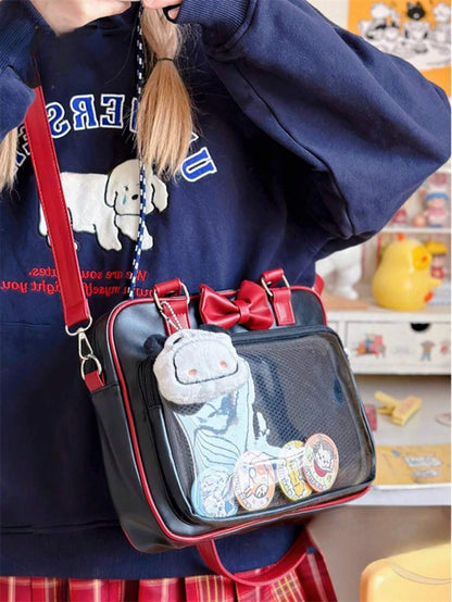 PU Leather Patchwork Color Bow-Knot Shoulder Bag Transparent Itabag
