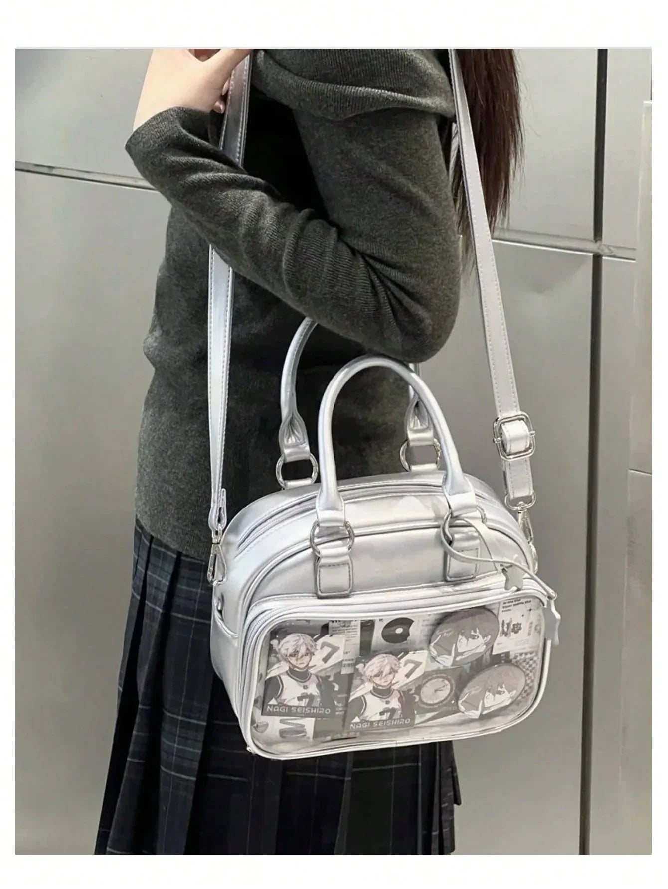 Ita Bag Shoulder Tote with Clear Display Window for Enamel Pins and Plushies - Shiny PU Leather - Ita Bag Lover