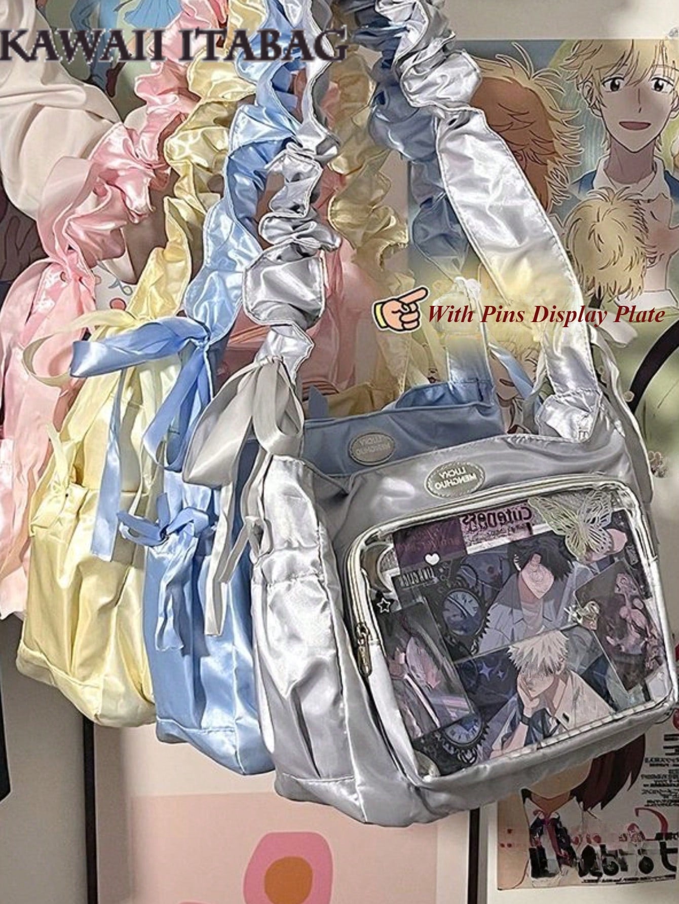 Japanese Teen Girls Itabag Satin Bright Color JK Crossbody Bags For Women Gathered Shoulder Straps Shoulder Bag Ita Handbags Sling Bag Clear Bag Cloud Purses And Handbags Gifts For Girls Transparent PVC Shoulder Bag Soft Portable Cross Body Bags