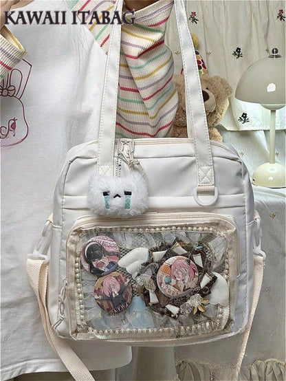Y2K New 2024 Itabag Women With PVC Transparent Pocket Badges Display Plate Shoulder Bag Girls School Book Bag Ita Bag Crossbody Bags JK Dolls Bag, Street & Japanese Style Women Bag