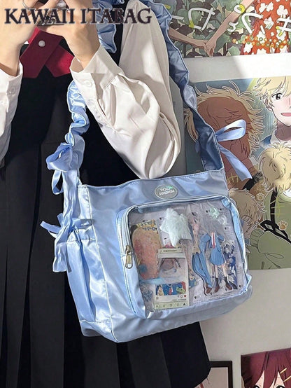 Japanese Teen Girls Itabag Satin Bright Color JK Crossbody Bags For Women Gathered Shoulder Straps Shoulder Bag Ita Handbags Sling Bag Clear Bag Cloud Purses And Handbags Gifts For Girls Transparent PVC Shoulder Bag Soft Portable Cross Body Bags
