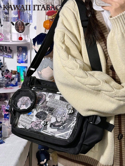 Y2K Japanese Ita Bag Girls Back To School Crossbody Bags Women New 2025 Ita Bag With Mini Badges Round Bag Cute-Lolita Shoulder Bag Nylon Messenger Bag Girl Clear Bag Transparent DIY PUT Badges Cards Bag With Badges Display Plate Fashion Japanese College