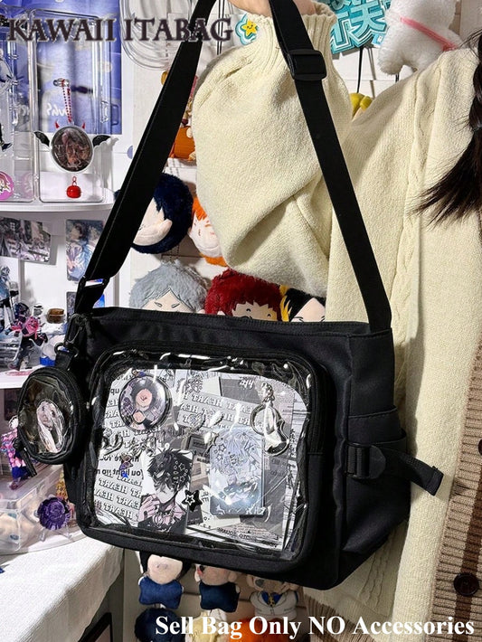Cute-Lolita Shoulder Bag Nylon Messenger Bag Girl Y2K Japanese Ita Bag Girls Back To School Crossbody Bags Women New 2025 Ita Bag With Mini Badges Round Bag Clear Bag Transparent DIY PUT Badges Cards Bag With Badges Display Plate Fashion Japanese College