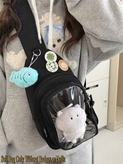 Kawaii Ita Crossbody Sling Bag for 10CM Plush – Clear Display Pocket with Insert Board | Cute Nylon Backpack for Girls, School, Anime & Comic Con Transparent Pocket, School Shoulder Bag for College Girls & Anime Fans
