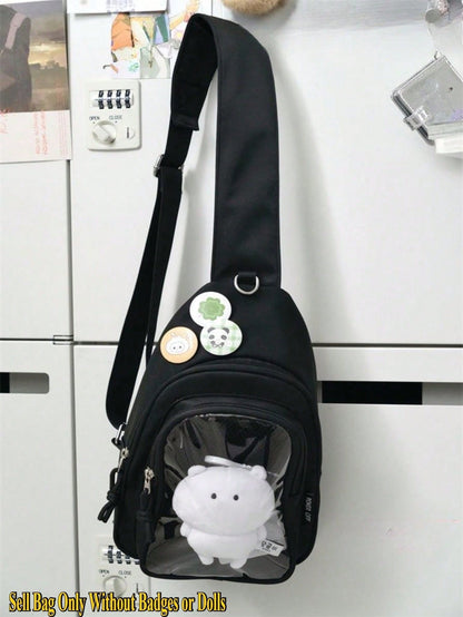 Kawaii Ita Crossbody Sling Bag for 10CM Plush – Clear Display Pocket with Insert Board | Cute Nylon Backpack for Girls, School, Anime & Comic Con Transparent Pocket, School Shoulder Bag for College Girls & Anime Fans