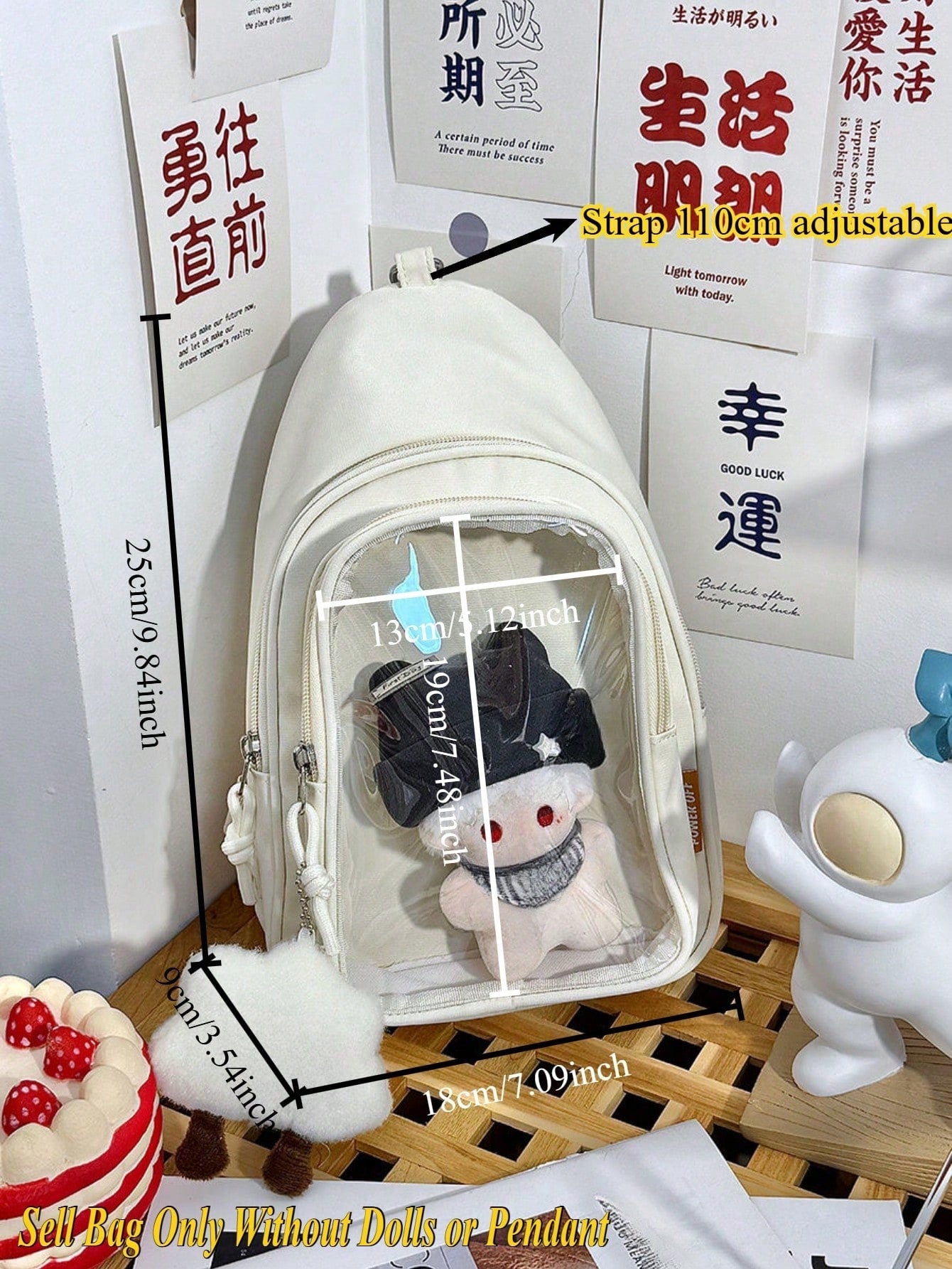 Kawaii Ita Crossbody Sling Bag for 10CM Plush – Clear Display Pocket with Insert Board | Cute Nylon Backpack for Girls, School, Anime & Comic Con Transparent Pocket, School Shoulder Bag for College Girls & Anime Fans
