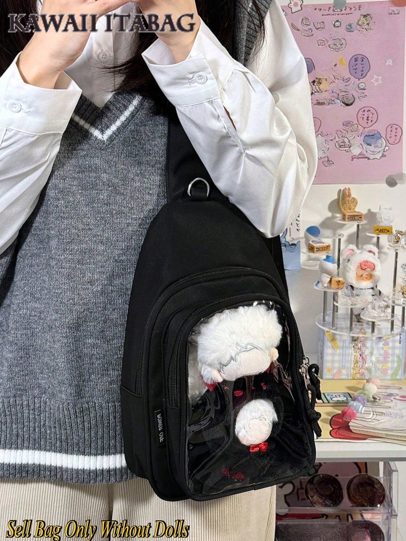 Kawaii Ita Crossbody Sling Bag for 10CM Plush – Clear Display Pocket with Insert Board | Cute Nylon Backpack for Girls, School, Anime & Comic Con Transparent Pocket, School Shoulder Bag for College Girls & Anime Fans