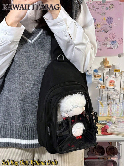 Kawaii Ita Crossbody Sling Bag for 10CM Plush – Clear Display Pocket with Insert Board | Cute Nylon Backpack for Girls, School, Anime & Comic Con Transparent Pocket, School Shoulder Bag for College Girls & Anime Fans