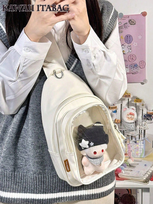 Kawaii Ita Crossbody Sling Bag for 10CM Plush – Clear Display Pocket with Insert Board | Cute Nylon Backpack for Girls, School, Anime & Comic Con Transparent Pocket, School Shoulder Bag for College Girls & Anime Fans