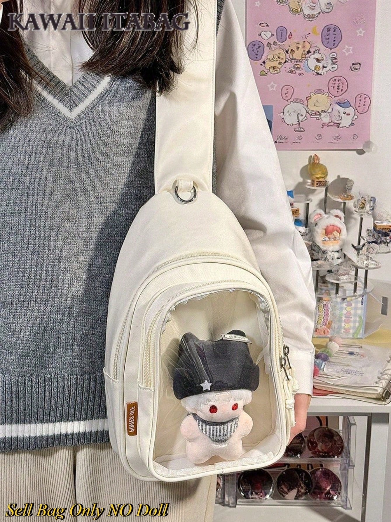 Kawaii Ita Crossbody Sling Bag for 10CM Plush – Clear Display Pocket with Insert Board | Cute Nylon Backpack for Girls, School, Anime & Comic Con Transparent Pocket, School Shoulder Bag for College Girls & Anime Fans