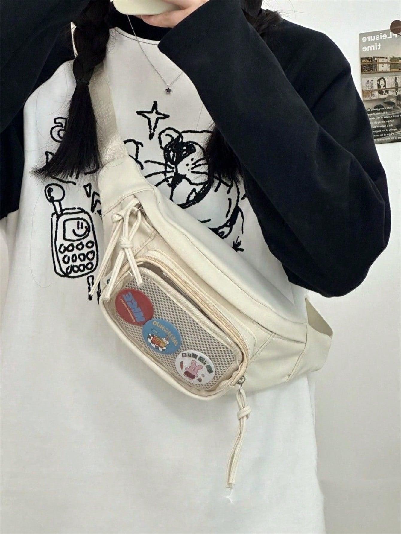 Preppy Style Chest Bag Women Kawaii Japanese Harajuku Waist Bag Nylon Crossbody Bags Clear Transparent Bag Sling Bag Purses And Handbags With Badges Display Plate Anime Fans Pack New Back Pack Fashion Cross Body DIY Bag New Chest Bag Women