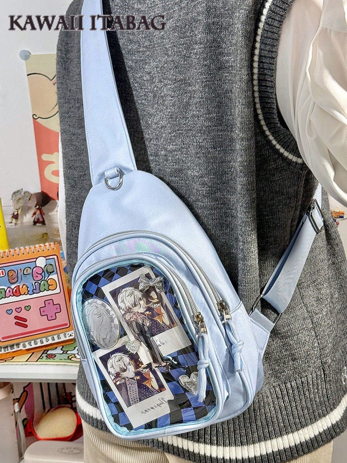 Kawaii Ita Crossbody Sling Bag for 10CM Plush – Clear Display Pocket with Insert Board | Cute Nylon Backpack for Girls, School, Anime & Comic Con Transparent Pocket, School Shoulder Bag for College Girls & Anime Fans