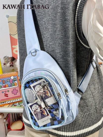 Kawaii Ita Crossbody Sling Bag for 10CM Plush – Clear Display Pocket with Insert Board | Cute Nylon Backpack for Girls, School, Anime & Comic Con Transparent Pocket, School Shoulder Bag for College Girls & Anime Fans